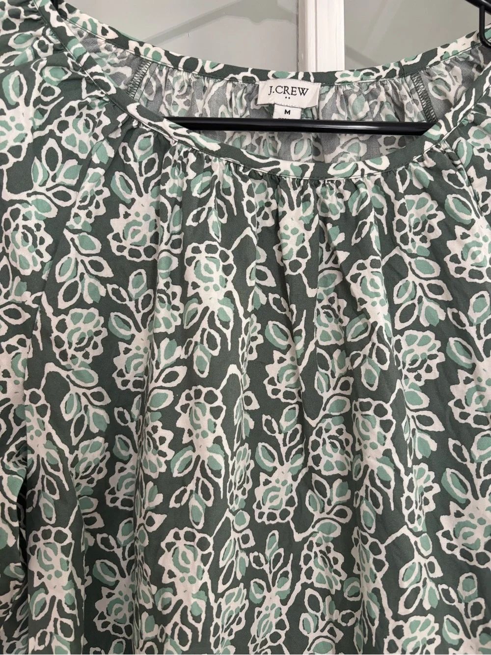 J. Crew, White and Green Floral Lightweight Blouse, Size M